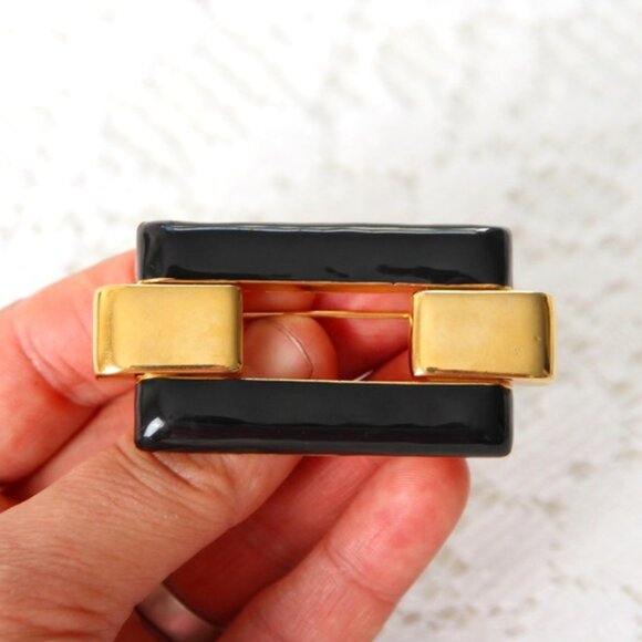 Monet Gold and Black Rectangle Enamel Brooch - Picture 1 of 5